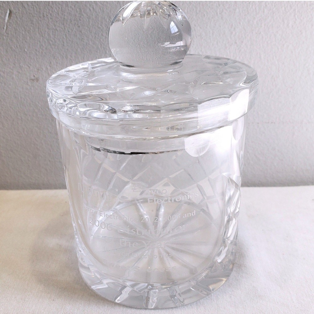 Medallion Barrel & Lid Clear Cut Crystal Tyco Electronics Award Jar 12oz